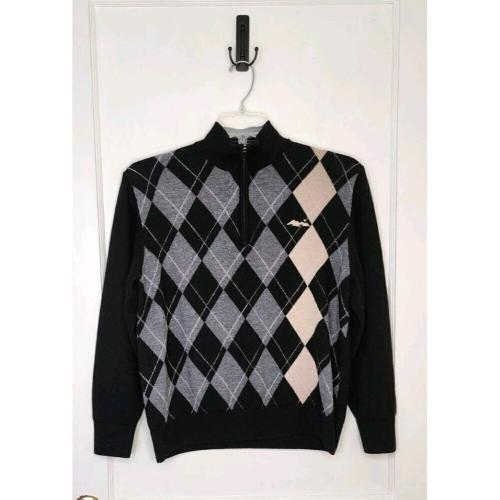 The Reserve At Lake Keowee Argyle 100% Merino Wool 1/4 Zip Sweater Size XL Logo